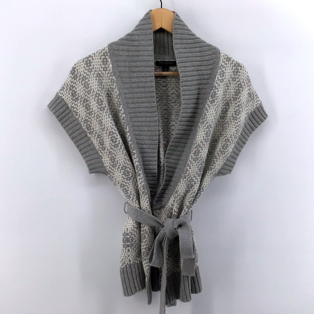 Banana Republic Women Cream Fair Isle Short Sleeve Belted Cardigan Sweater Small - Picture 2 of 7